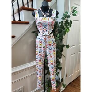 Good Times USA White Butterfly Print Cropped Corset Top & Pants 2 Pc Size Small